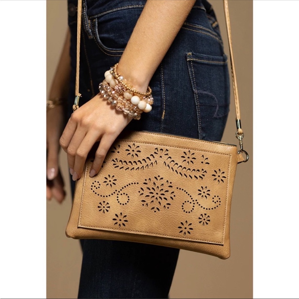 Tan Vegan Leather Crossbody Bag with Floral Laser Cut Outs